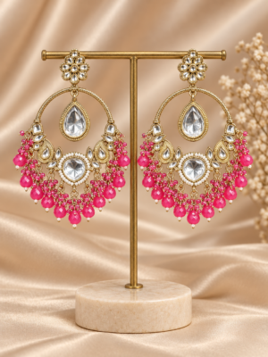 Neerja dark pink Kundan Chandbali earrings with floral tops, suspended clear teardrops and dark pink bead fringes