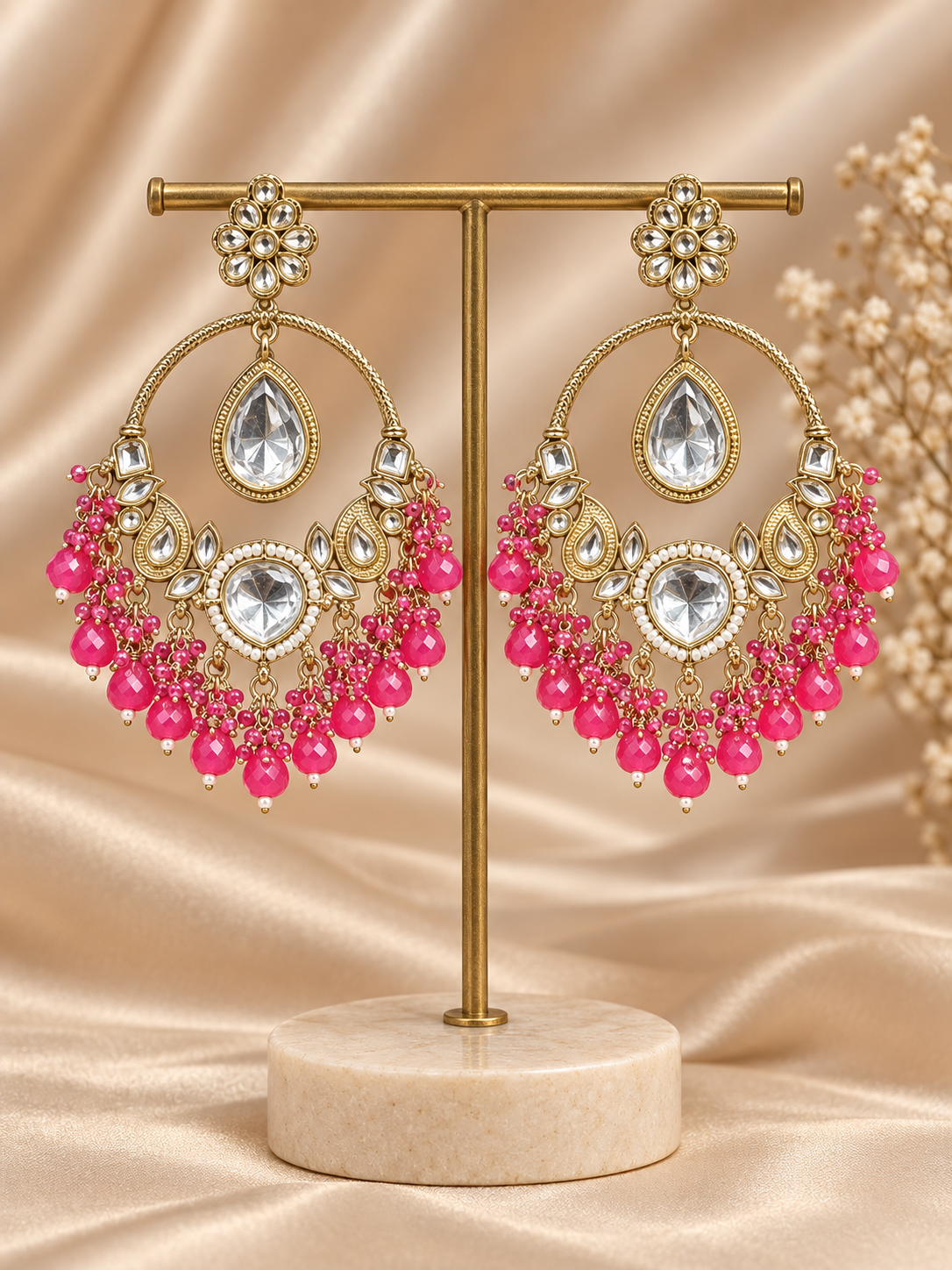 Neerja dark pink Kundan Chandbali earrings with floral tops, suspended clear teardrops and dark pink bead fringes
