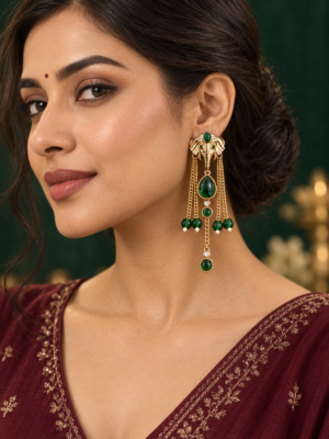 Aaranya Haathi Long Dangler Earrings Emerald Green