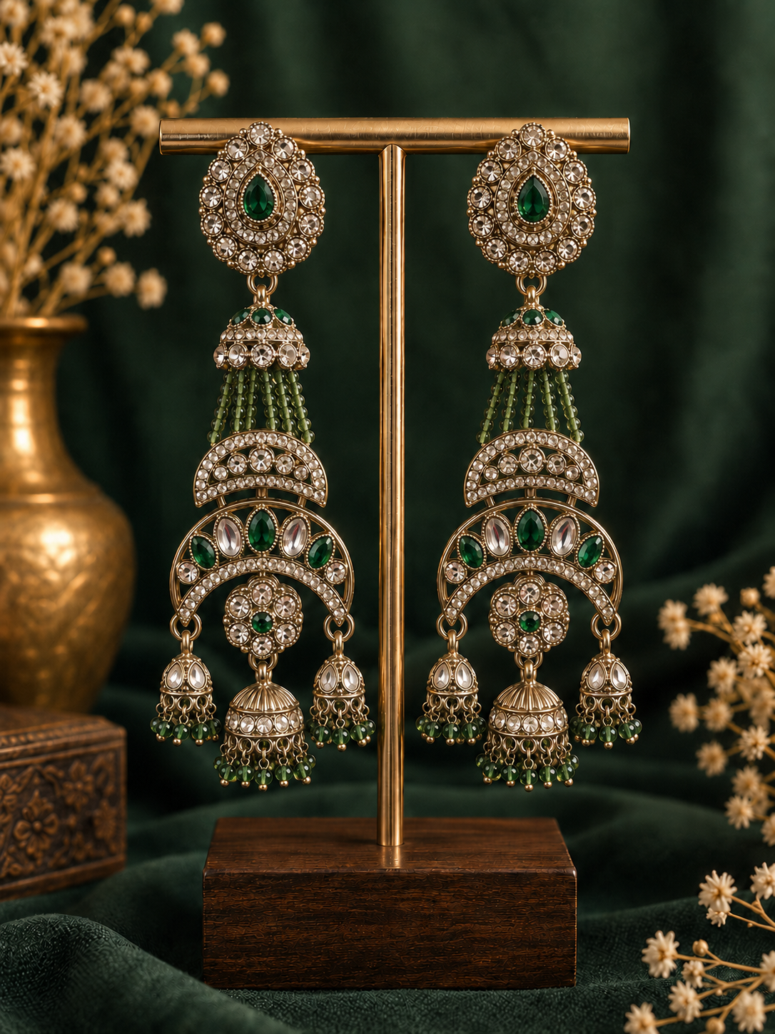 Dark Green Kundan Earrings with Cascading Bead Strands