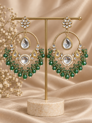 Neerja dark green Kundan Chandbali earrings with floral tops, suspended clear teardrops and green bead fringes