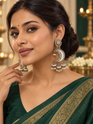 Mahnoor antique gold crescent jhumka earrings with white beadwork and miniature jhumka drops