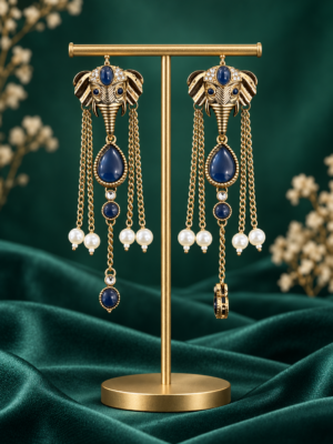 Aaranya Dark Blue Haathi Long Dangler Earrings