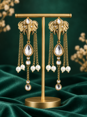 Aaranya White Haathi Long Dangler Earrings