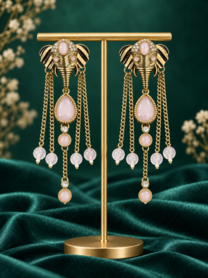 Light Pink Haathi Long Dangler Earrings, Light Pink Haathi Earrings, Elephant Earrings for Women, Pink Dangler Earrings, Long Chain Earrings, Elephant Motif Jewellery, Pastel Statement Earrings, Ethnic Dangler Earrings, Wedding Guest Earrings, Light Pink Earrings, Aaranya Earrings