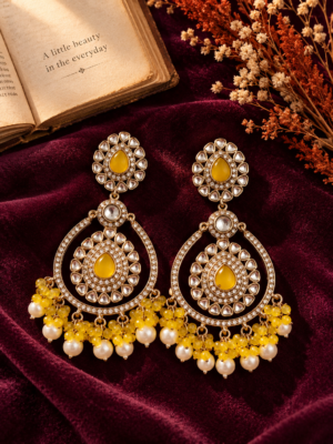 yellow Kundan earrings, yellow Kundan Chandbali, Haldi ceremony earrings, long Kundan earrings, bridal earrings, wedding earrings, yellow and gold earrings, premium ethnic earrings