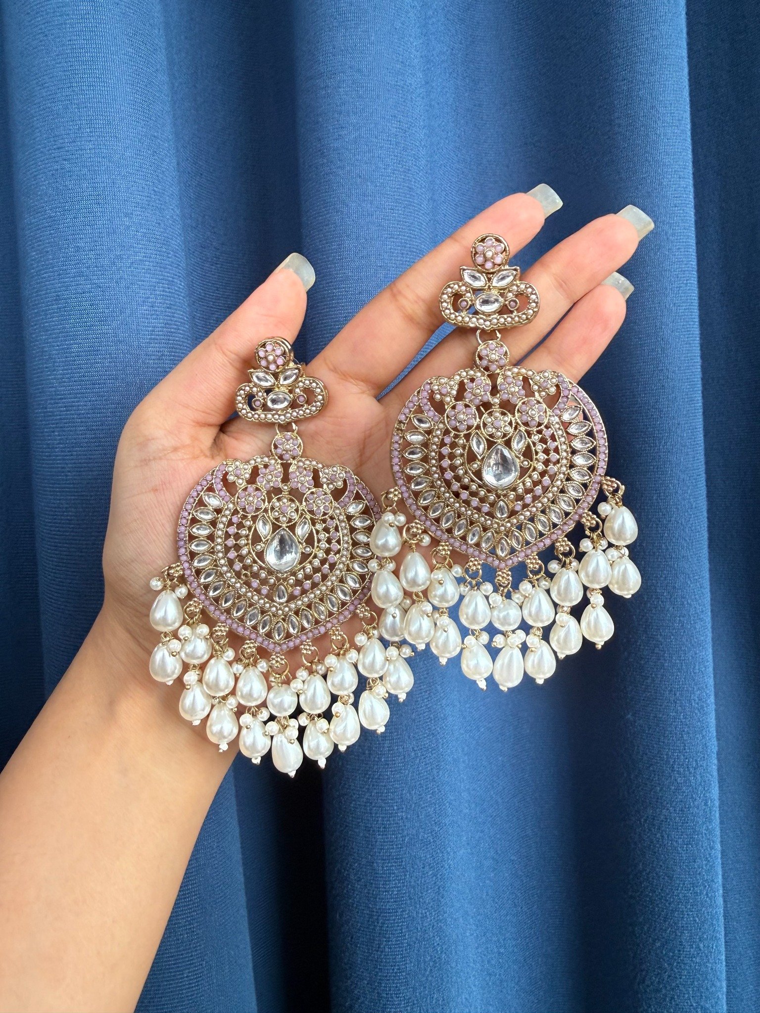 Lavender Kundan Earrings with pearls