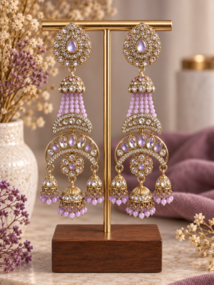 Nayab Lavender Long Kundan Jhumka Earrings