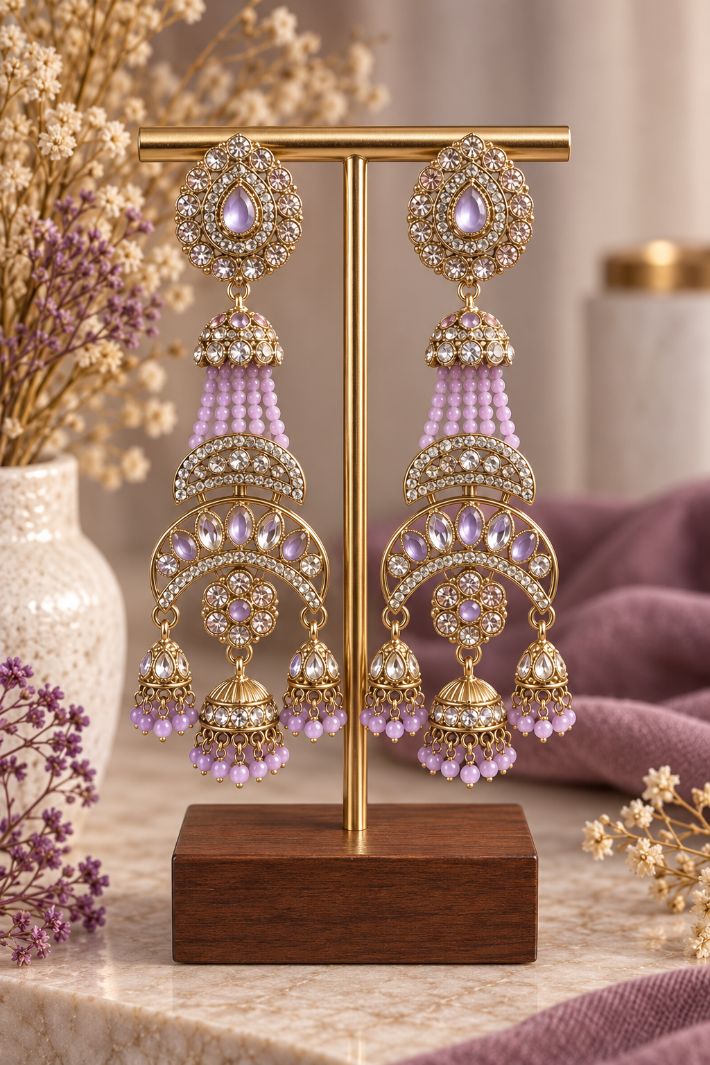 Nayab Lavender Long Kundan Jhumka Earrings
