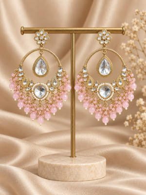 Neerja light pink Kundan Chandbali earrings with floral tops, suspended clear teardrops and pink bead fringes