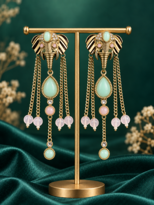 Aaranya Mint Pink Haathi Long Dangler Earrings