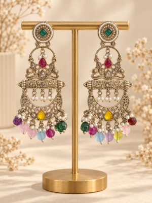 Sajda multicolour Kundan chandbali earrings for women