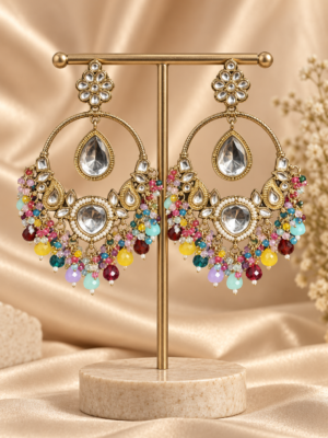 Neerja multicolour Kundan Chandbali earrings with floral tops, suspended clear teardrops and colourful bead fringes