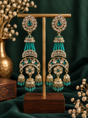 Nayab Teal Green Long Kundan Jhumka Earrings