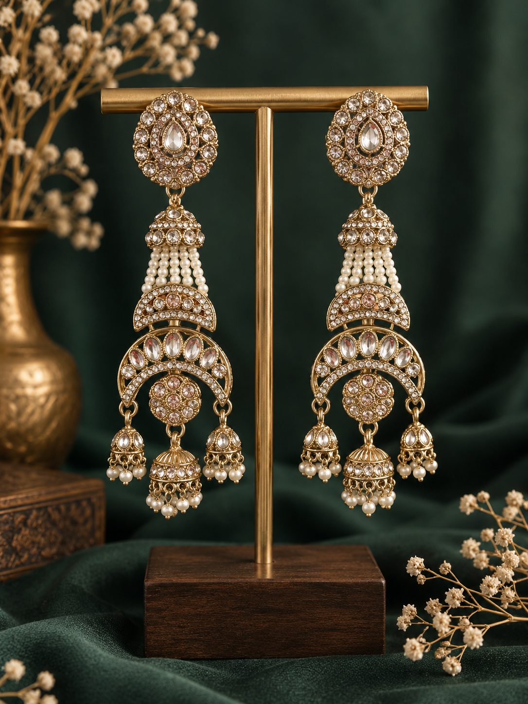 Nayab Long Kundan Pearl Jhumka Earrings White