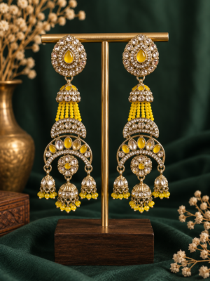 Nayab Yellow Long Kundan Jhumka Earrings