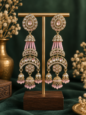 Nayab Light Pink Long Kundan Jhumka Earrings
