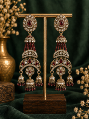 Red Kundan Earrings with Cascading Bead Strands