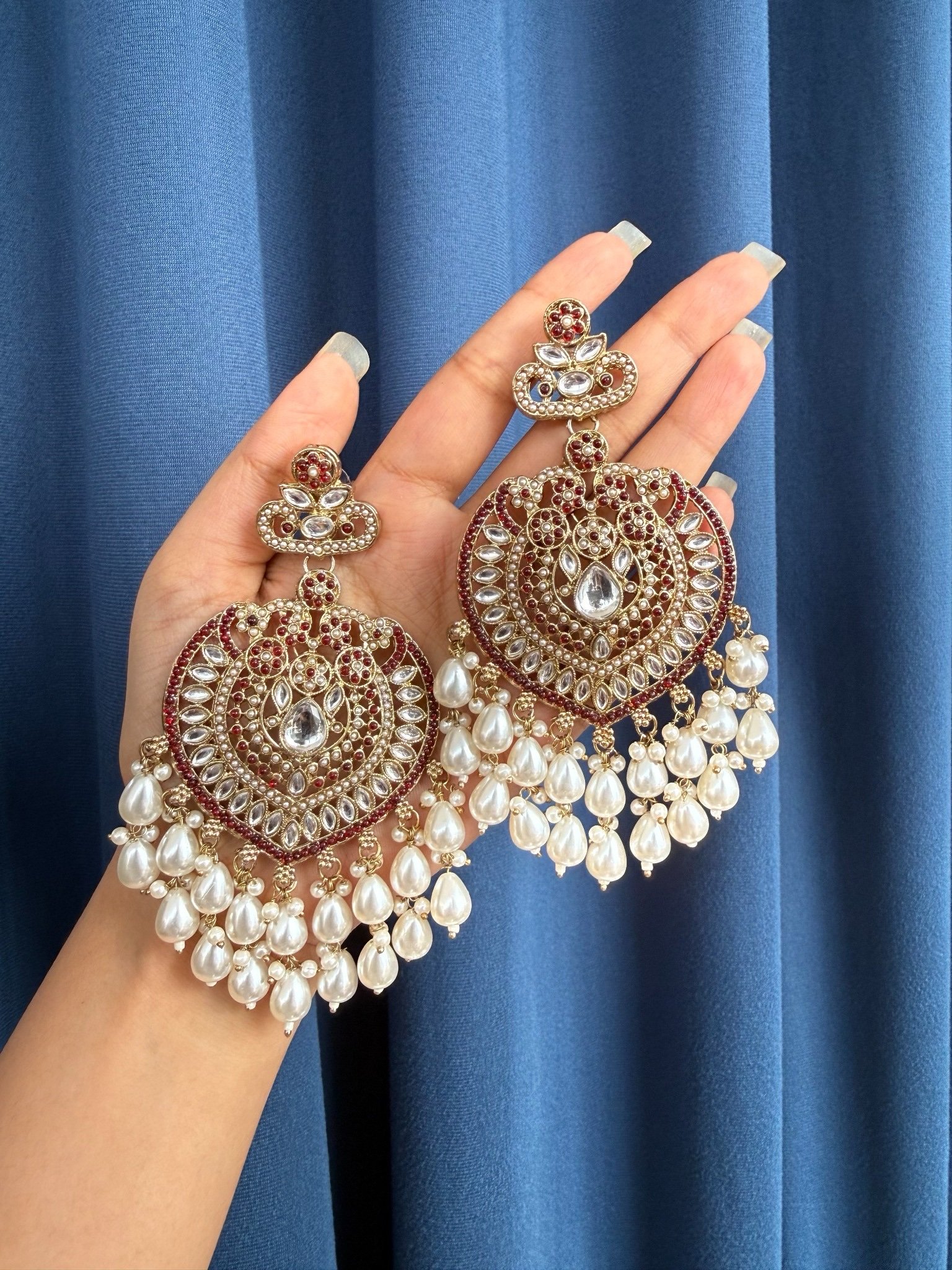 Red Long Kundan Earrings with Pearls