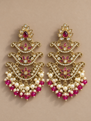 Ragini dark pink Kundan chandelier earrings with tiered crescent motifs, pearl clusters and pink bead drops