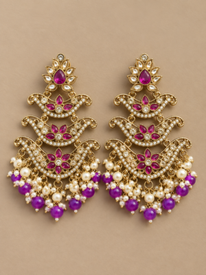 Ragini purple Kundan chandelier earrings with tiered crescent motifs, pearl clusters and purple bead drops