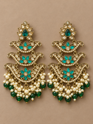 Ragini dark green Kundan chandelier earrings with tiered crescent motifs, pearl clusters and green bead drops