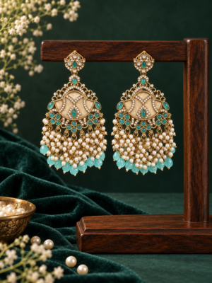 Simi light blue Kundan pearl Chandbali earrings with cascading white bead tassels
