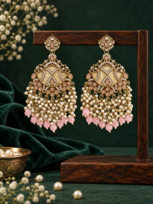 Simi light pink Kundan pearl Chandbali earrings with cascading white bead tassels
