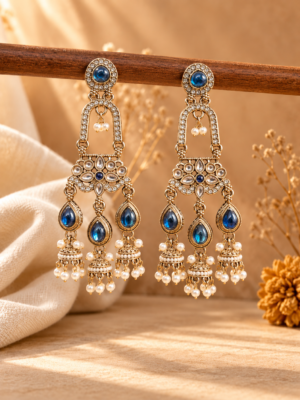 Mrinalika dark blue triple jhumka earrings with open arches, floral stone panels and three miniature jhumka hangings