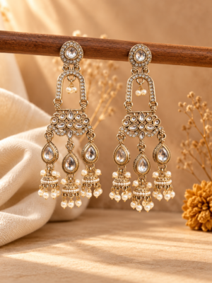 Mrinalika white triple jhumka earrings with open arches, floral stone panels and three miniature jhumka hangings