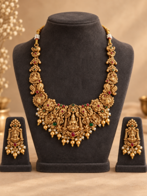 Hemambari Gajalakshmi elephant temple jewellery set with ruby-green stones and matching earrings