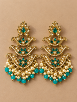 Ragini teal green Kundan chandelier earrings with tiered crescent motifs, pearl clusters and teal bead drops