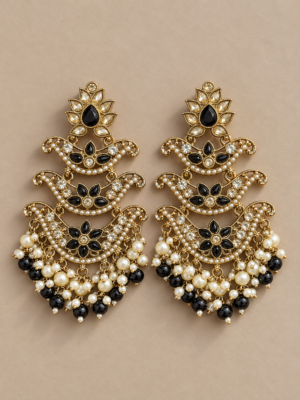 Ragini black Kundan chandelier earrings with tiered crescent motifs, pearl clusters and black bead drops