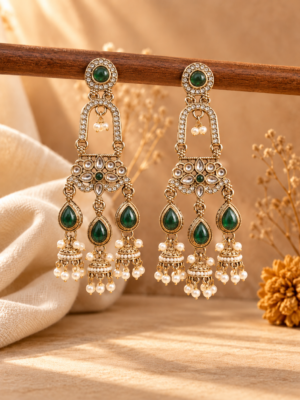 Mrinalika dark green triple jhumka earrings with open arches, floral stone panels and three miniature jhumka hangings