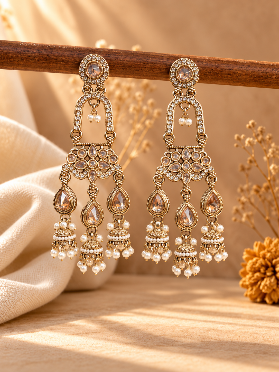 Mrinalika golden triple jhumka earrings with open arches, floral stone panels and three miniature jhumka hangings