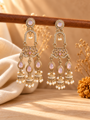 Mrinalika light pink triple jhumka earrings with open arches, floral stone panels and three miniature jhumka hangings