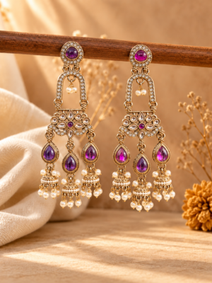 Mrinalika purple triple jhumka earrings with open arches, floral stone panels and three miniature jhumka hangings