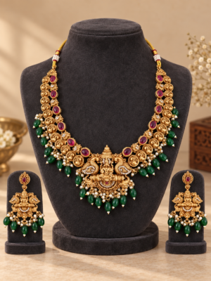 Kamalakshi ruby green Lakshmi peacock temple jewellery set with matching earrings