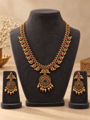 Madhurika ruby green mango Kemp temple necklace set with matching earrings