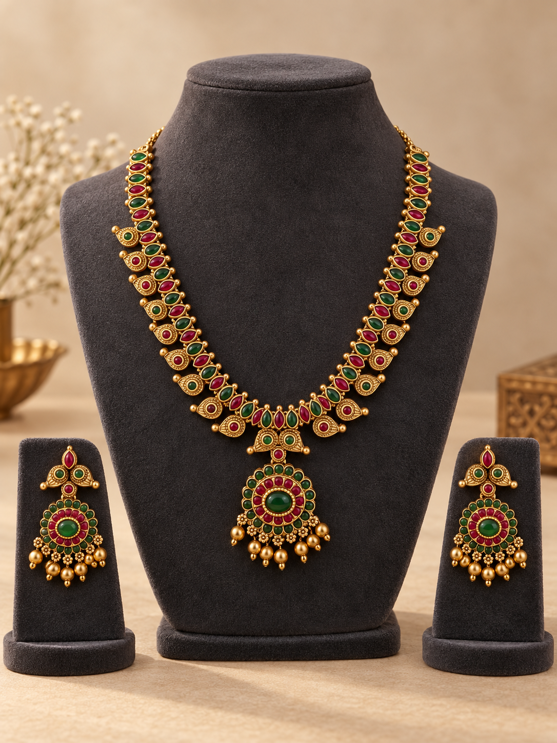 Madhurika ruby green mango Kemp temple necklace set with matching earrings