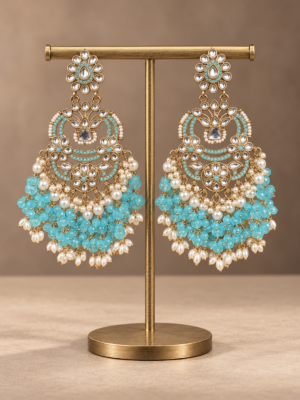 Nia light blue Kundan Chandbali earrings with pearl accents and cascading bead tassels