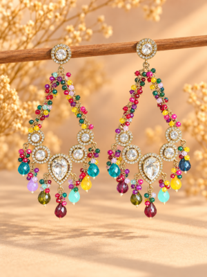 Ruhina multicolour beaded Kundan Chandbali earrings with white stones and teardrop drops