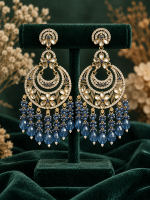 Yashika dark blue Kundan chandbali earrings with layered crescents, floral motifs and cascading bead drops