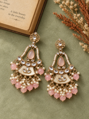 Radhika light pink Kundan dangler earrings with ornamental frames, teardrop accents and hanging beads