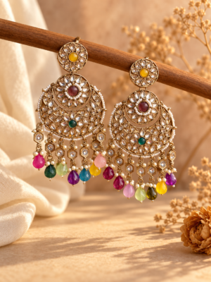 Nayantara multicolour Kundan chandbali earrings with layered floral motifs and hanging teardrop accents