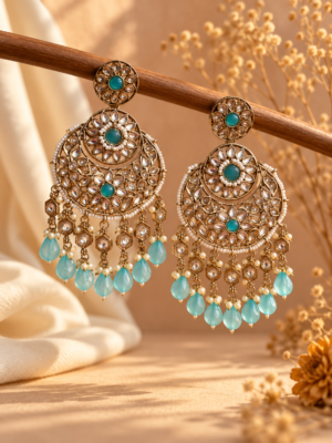 Nayantara light blue Kundan chandbali earrings with layered floral motifs and hanging teardrop accents