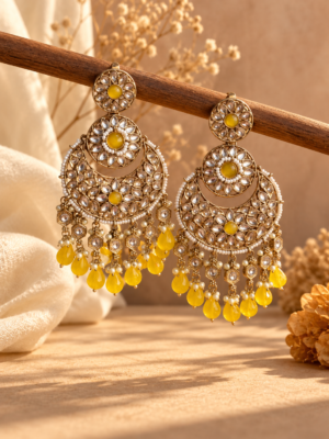 Nayantara yellow Kundan chandbali earrings with layered floral motifs and hanging teardrop accents