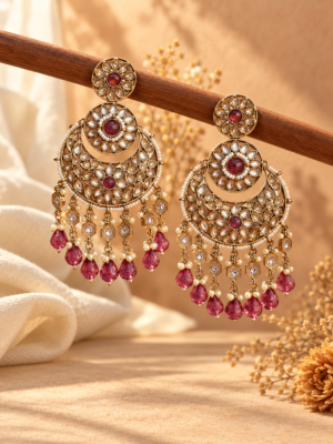 Nayantara wine Kundan chandbali earrings with floral motifs, white bead borders and hanging wine teardrops