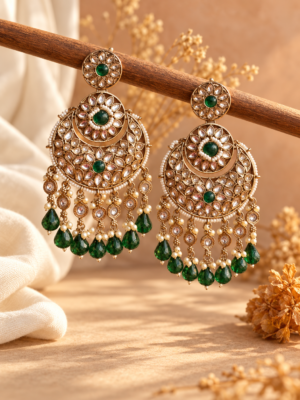 Nayantara dark green Kundan chandbali earrings with layered floral motifs and hanging teardrop accents