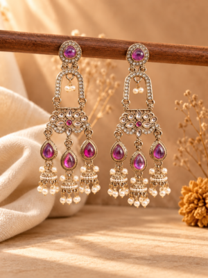 Mrinalika wine triple jhumka earrings with open arches, floral stone panels and three miniature jhumka hangings